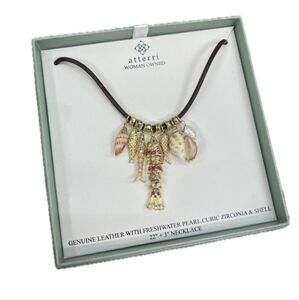 🐚🔹️ATTERRI 🔹Genuine Leather, With Freshwater Pearl 22" Cubic Z Shell necklace